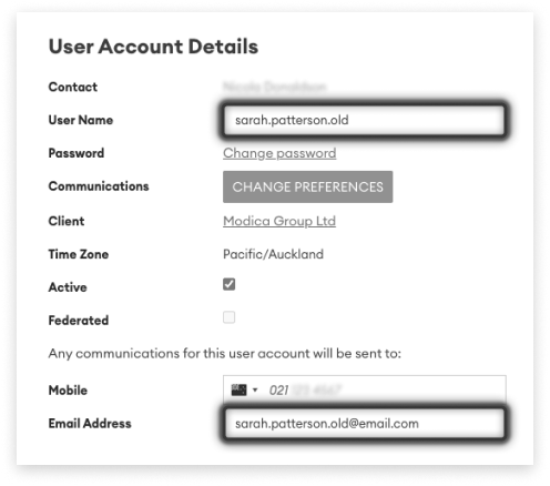 Black and white screeshot of User Account details with two fields newly-containing the characters .old