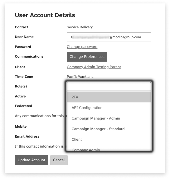 Black and white screeshot of User Account details with the Roles dropdonw open, showing options