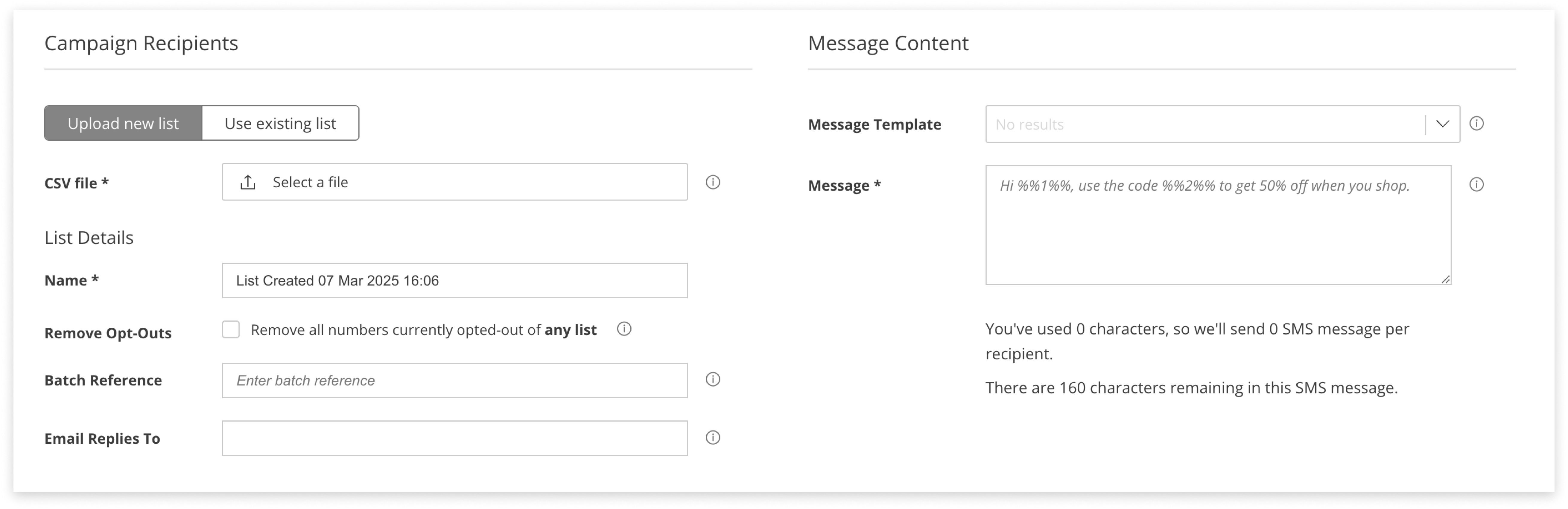 Black and white screenshot of the Recipients, List Details and Message Content areas of campaign manager