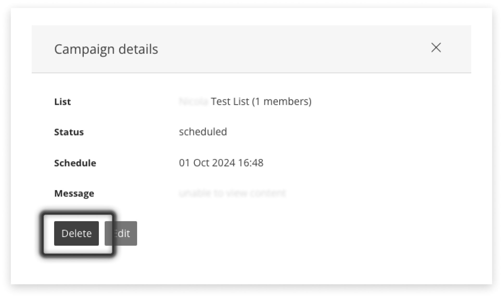Black and white screenshot of the confirmation modal for a campaign in campaign manager