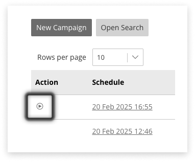 Black and white screenshot of the little 'play' button that releases messages immediately from Campaign Manager