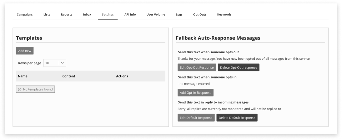 Black and white screenshot of the Settings tab inside the Campaign Manager application