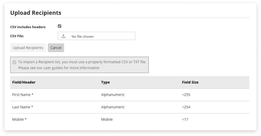 Black and white screenshot of Upload Recipients settings inside Recipients tab of E2S