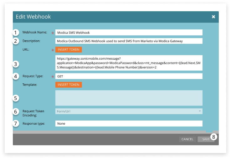 Colourful screenshot of Marketo software webhook options, highlighting new webhooks