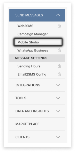 screenshot of Modica account main side-menu with 'Send Messages' open and 'Mobile Studio' highlighted