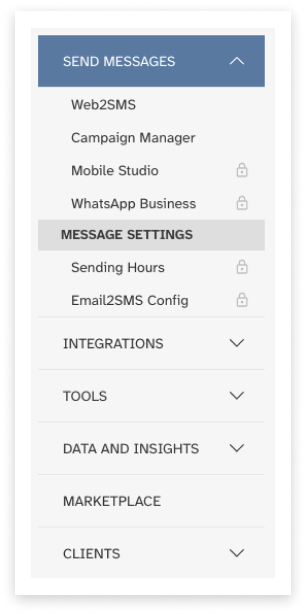 screenshot of Modica account main side-menu with 'Send Messages' open