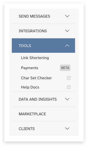 screenshot of Modica account main side-menu with 'Tools' open