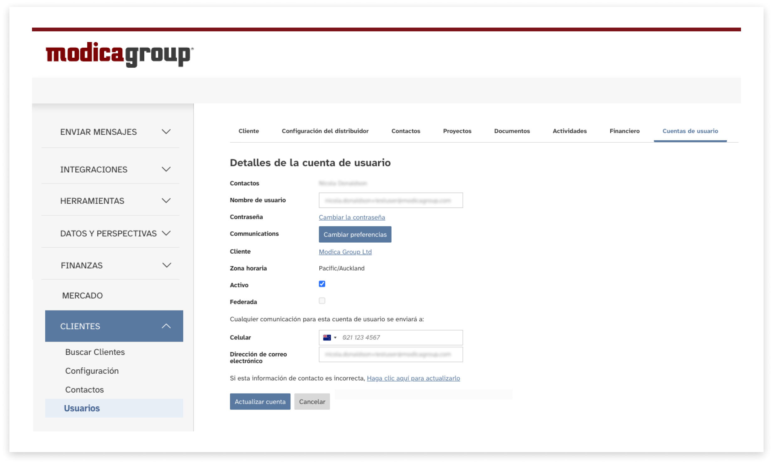 screenshot of modica's 'User account' in spanish'