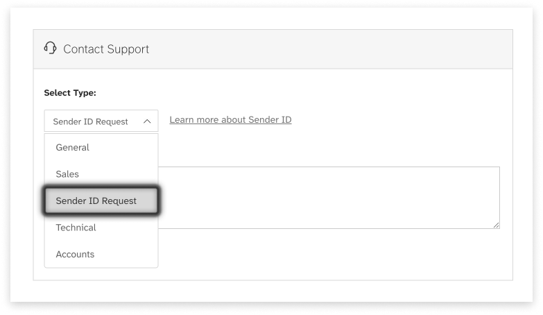 Captura de pantalla del cuadrante de solicitud de asistencia en el panel de control con la solicitud de ID de remitente seleccionada en el menú desplegable