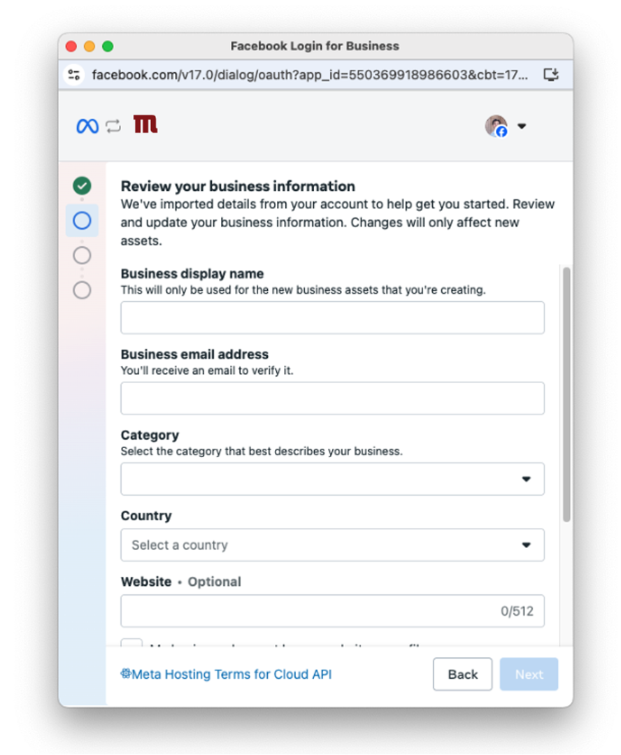 screenshot inside Meta of creating a business profile to connect to Modica Group for access to the WhatsApp Business API