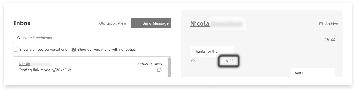 Black and white screeshot of web2sms new inbox showing to click the link/numbers under a message to access the message details