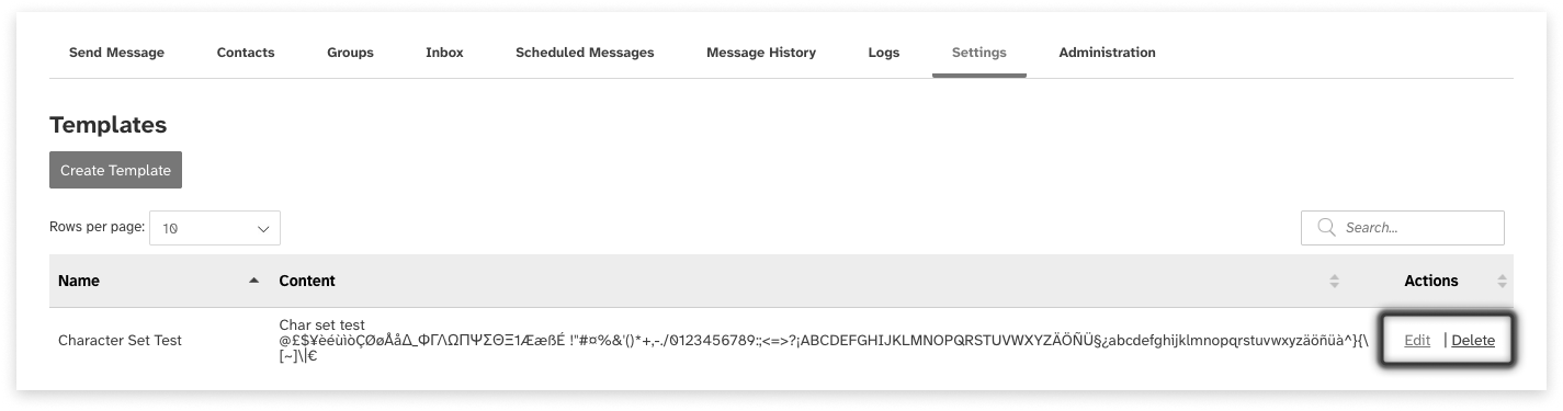 Black and white screeshot of web2sms settings tab showing where to click to edit or delete a template