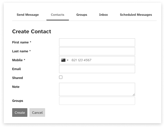 Black and white screeshot of web2sms 'create a contact' form