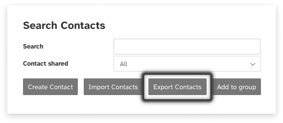 Black and white screeshot of web2sms Contacts area with 4 buttons, incluiding 'export contacts