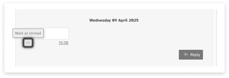 Black and white screeshot of web2sms showing the tiny icon under a message to click, to mark a reply as read or unread